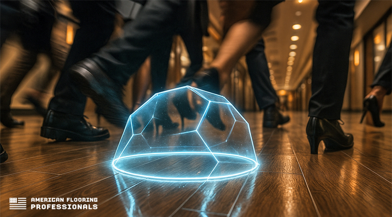 Low-angle view of a luxury vinyl plank floor in a chaotic commercial hallway, with a glowing hexagonal forcefield shielding the pristine flooring from a stampede of blurred feet in motion, including work boots, high heels, and sneakers; dramatic lighting enhances the contrast between the protected surface and the surrounding disorder.