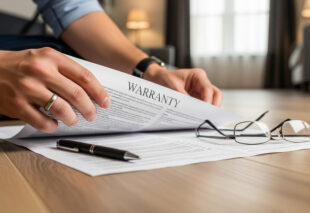 Close-up of male hands reading a document with the word "WARRANTY" printed at the top, while sitting on a wood-look vinyl floor. A black pen and reading glasses are on the paper.