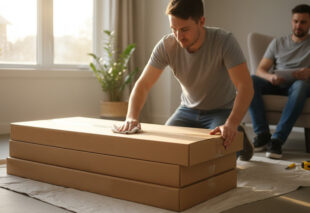 A man kneeling, inspecting or cleaning the tops of three stacked boxes of wooden or laminate flooring planks, while another man checks a document in the background.