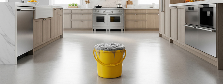 Cleaning of kitchen floors resistant to water and stains with a minimalist finish in light tones.