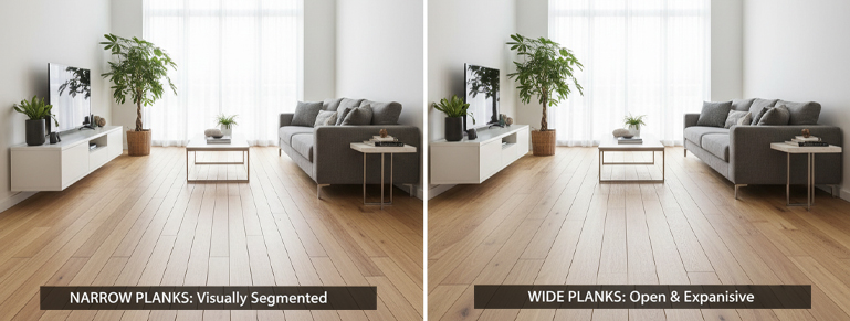 Visual design comparison: segmented narrow plank flooring versus expansive wide plank flooring.