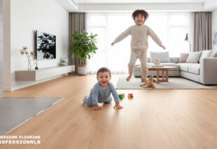 Sturdy, child-safe vinyl flooring in a bright minimalist room, American Flooring Professionals brand.