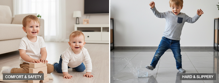 Children's flooring comparison: on the left, safe and comfortable vinyl flooring; On the right, a child slipping on a wet and dangerous tile floor.