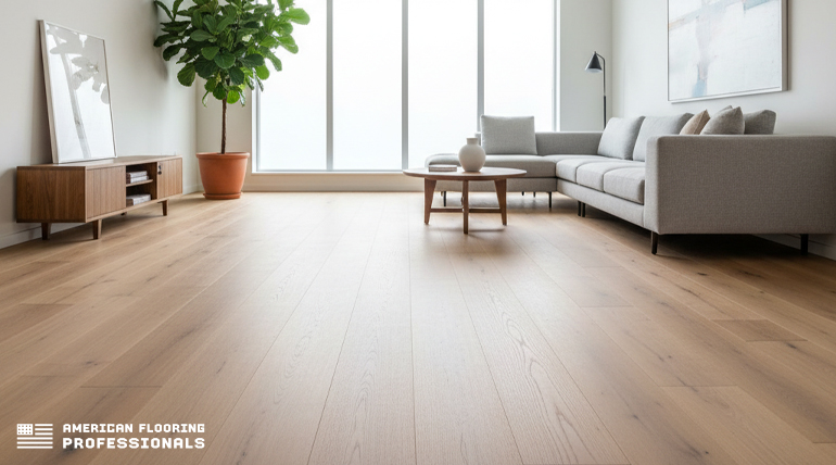 Installation of wide clear vinyl flooring in a modern living room with large windows, brand American Flooring Professionals.
