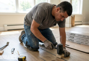 Flooring specialist installing oak-style vinyl flooring with protective knee pads and professional tools in a well-lit house.