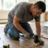 Flooring specialist installing oak-style vinyl flooring with protective knee pads and professional tools in a well-lit house.