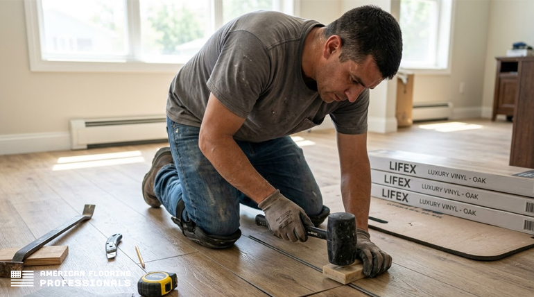 Flooring specialist installing oak-style vinyl flooring with protective knee pads and professional tools in a well-lit house.