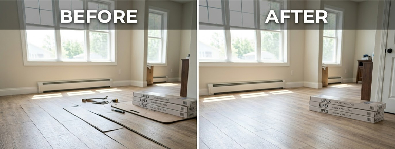 "After" view of the professional installation of a Lifex luxury vinyl floor in a modern and bright living room.