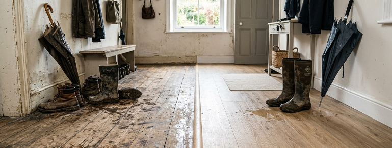 Water-resistant and easy-to-clean laminate flooring next to an old wooden floor damaged by moisture in a house entrance.