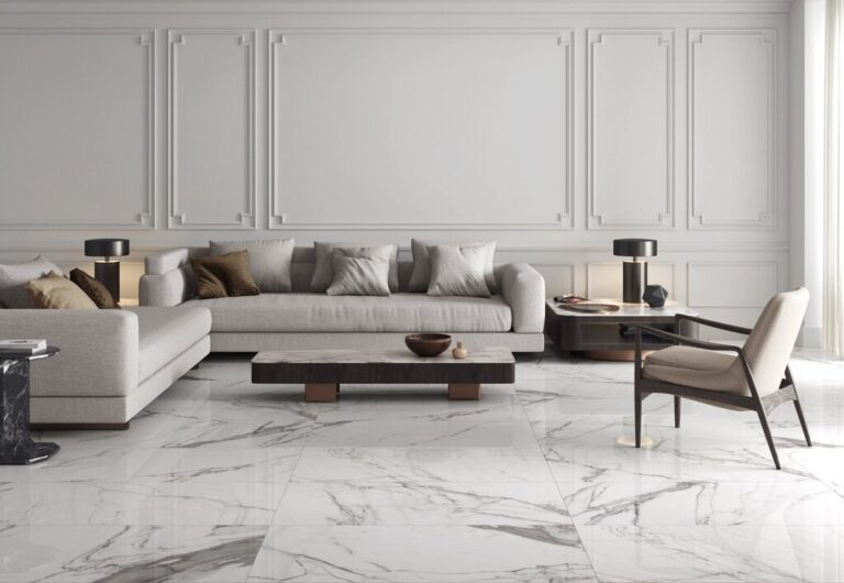 Marble look porcelain tile living room